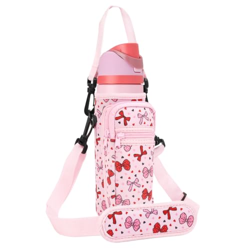 Neoprene Water Bottle Holder Bag with Cell Phone Pocket Compatible with Owala FreeSip 24 oz，Water Bottle Carrying Bag ，with Adjustable Shoulder Strap,for 24oz Stainless Steel Water Bottle - color: Bow