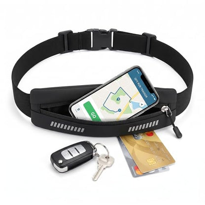 Running Belt Waist Pack for Men & Women, Ultra Slim Bounce-Free Running Waist Pouch, Water-Resistant Adjustable Fanny Pack with Reflective Design & Earphone Hole for Phone, Keys & Cards - Black - color: Black