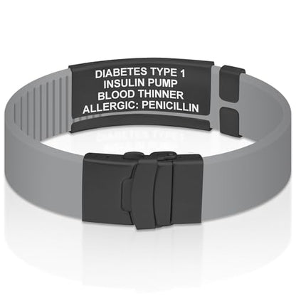 Divoti Custom Dual-Sided Engraved Silicone Medical Alert ID Wristband w/Security Clasp & Trim-to-Fit Band - Style - color: Concrete Gray / PVD Black / White, size: Band Width - 19mm