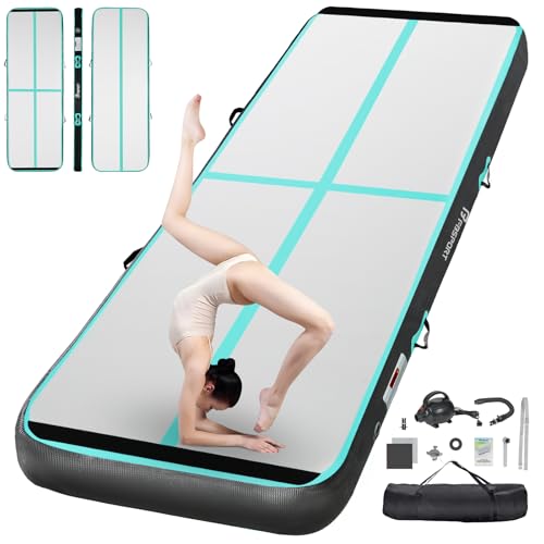 FBSPORT Inflatable Air Gymnastics Mat Training Mats 4/8 inches Thickness Gymnastics Tracks for Home Use/Training/Cheerleading/Yoga/Water with Pump - color: Black Green, size: 10ft*3.3ft*4in(3*1*0.1m)