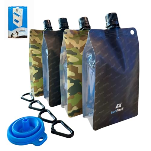 15oz Flexible Plastic Flask - 4-Pack Black & Camo with Plastic Carabiner - color: Black and Camo