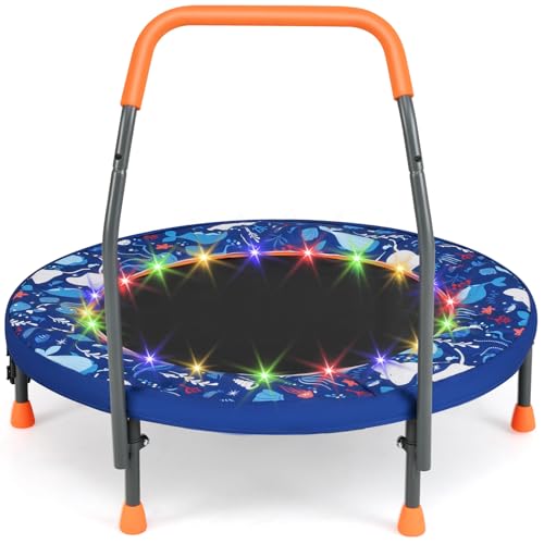 GYMAX 36” Toddler Trampoline with Lights, Folding Springless ASTM Approved Small Kids Rebounder with Foam Handle, Safety Padded Cover & Foldable Legs, Mini Indoor Baby Trampolines (Dark Blue)