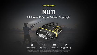 Nitecore NU11 Clip-On Cap Light and Headlamp, 150 Lumen Bright, USB-C Rechargeable, 90 Degree Adjustable for Fishing Camping and Work with Hands-Free Motion Sensor, White and Red LEDs and Sticker