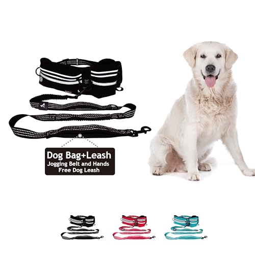 Hands Free Dog Leash for Large Dogs (Waist 26”-48”,L 1”x 5ft) | Adjustable Neoprene Waist Belt with Shock-Absorbing Bungee Dog Leash & Dual Handles | Comfortable for Walking & Running—Black - color: Black