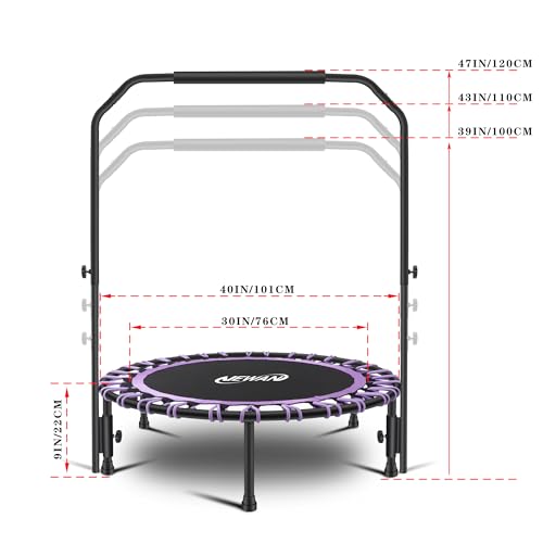 Newan 40" Silent Mini Trampoline with Adjustable Handle Bar Fitness Trampoline Bungee Rebounder Jumping Cardio Trainer Workout for Adults - Max Limit 330 lbs - color: purple