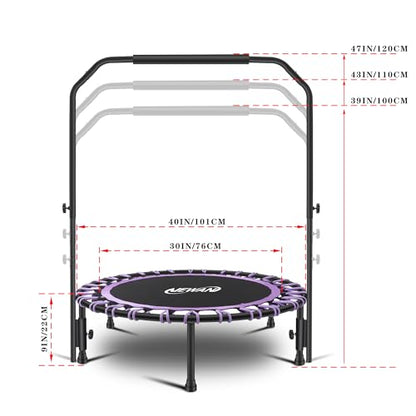 Newan 40" Silent Mini Trampoline with Adjustable Handle Bar Fitness Trampoline Bungee Rebounder Jumping Cardio Trainer Workout for Adults - Max Limit 330 lbs - color: purple