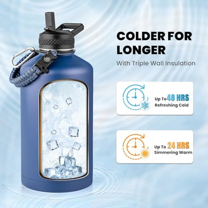 RAYMYLO One Gallon Water Bottle Insulated 128 oz, Stainless Steel - color: Dark Blue, size: 128 Ounces
