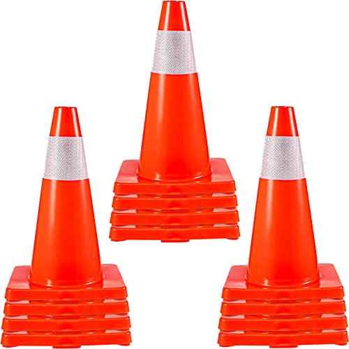 VEVOR 12Pack 18" Traffic Cones, Safety Road Parking Cones PVC Base, Orange Traffic Cone with Reflective Collars, Hazard Construction Cones for Home Traffic Parking - size: 18"(12Cones)