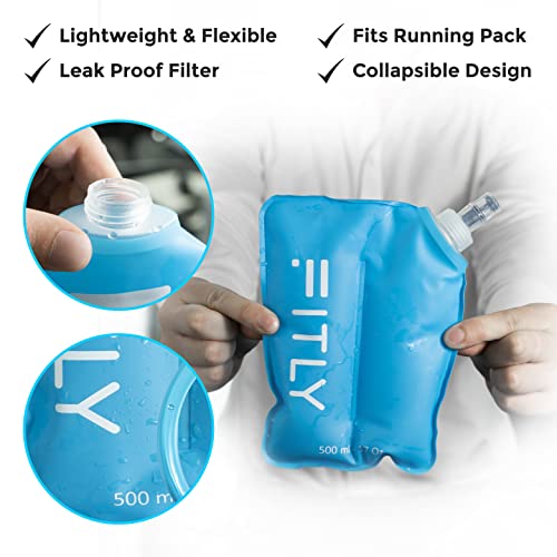 FITLY Soft Flask - Collapsible Water Bottle with Hydration Tube - Shrinks As You Drink Portable Water Bladder for Running Vest Hydration Pack, Hiking, Backpacking & Cycling - 17oz (FLASK500ml)