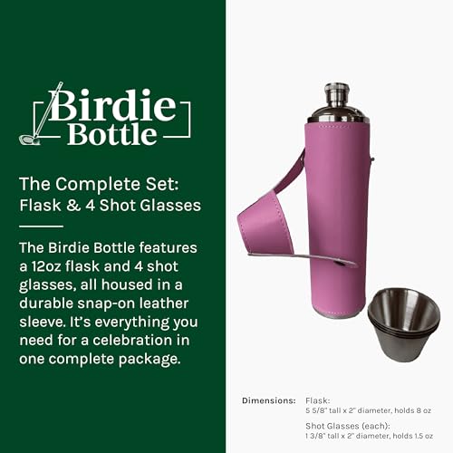 12oz Flask with 4 Shot Glasses in Cap – Stainless Steel with Waterproof Leather Case, Leakproof, Great Gift Idea - color: Pink, size: 12oz Standard
