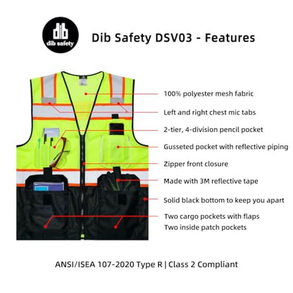 Dib Safety Reflective Safety Vest Made with 3M Tape, Yellow and Black L - color: Yellow & Black, size: Large