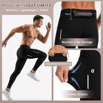 Mens Compression Pants with Pockets Quick-Dry Running Tights Spandex - color: Black, size: XX-Large
