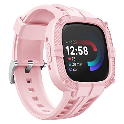 Compatible for Fitbit Versa 4/ Fitbit Sense 2 Bands Rugged Protective Case with TPU Sport Band Wristbands, Military Shockproof Bumper Case for Men Women, Pink - color: Pink