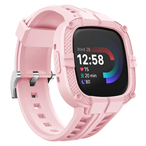 Compatible for Fitbit Versa 4/ Fitbit Sense 2 Bands Rugged Protective Case with TPU Sport Band Wristbands, Military Shockproof Bumper Case for Men Women, Pink - color: Pink