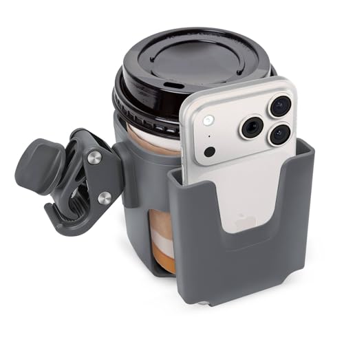 Stroller Cup Holder Attachment with Phone Holder Grey