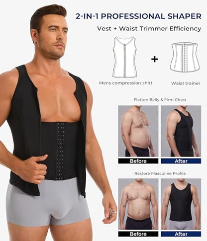 TAILONG Men's Compression Shirt - Shapewear Slimming Undershirt Tummy Control & Gynecomastia Vest Body Shaper Tank Top - color: Black, size: Large