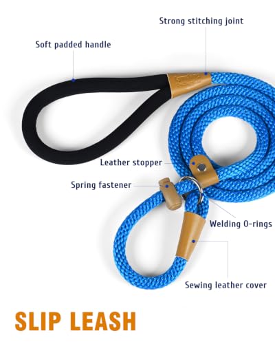 lynxking Dog Leash Slip Lead, Braided Padded Loop Leash 5ft 6ft 8ft - color: Blue