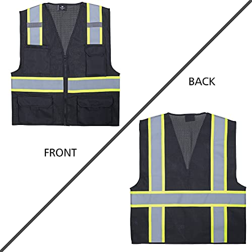 VENDACE Hi Vis Safety Reflective Mesh Vest for Men ANSI Class 2 High Visibility Vest with 8 Pockets and Zipper - color: Black, size: X-Large