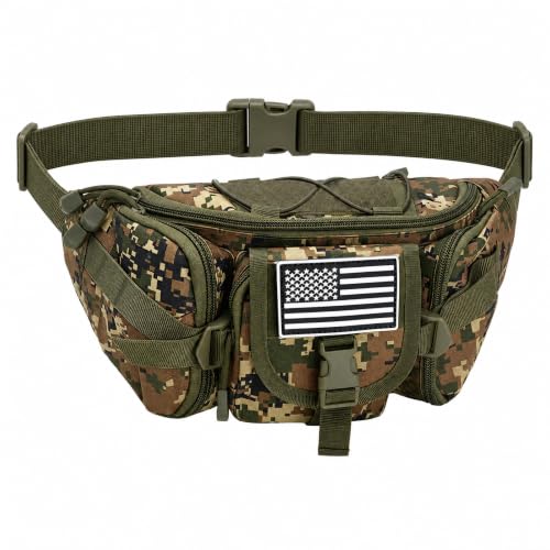 Hiking Fanny Pack Waist Bag, Portable Tactical Fanny Pack with 5 Zipper Pockets, Large Crossbody Waist Belt Hip Bag for Men Women Fishing Travel Cycling Bumbag with U.S Patch - Woodland Camo - color: Woodland Camo