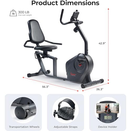 Sunny Health & Fitness Smart Recumbent Bike, Wide Cushioned Seat & Back, Indoor Cycling Machine for Adult/Seniors Home Exercise, Free SunnyFit App Connection - color: Black