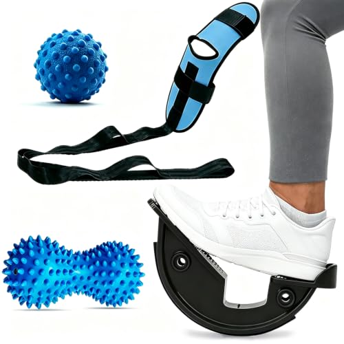 Foot and Calf Stretcher Kit for Plantar Fasciitis Relief – Yoga Stretch Strap Improves Strength, Spiky Massage Balls, Hamstring & Achilles Stretcher, Portable Home Physical Therapy Equipment