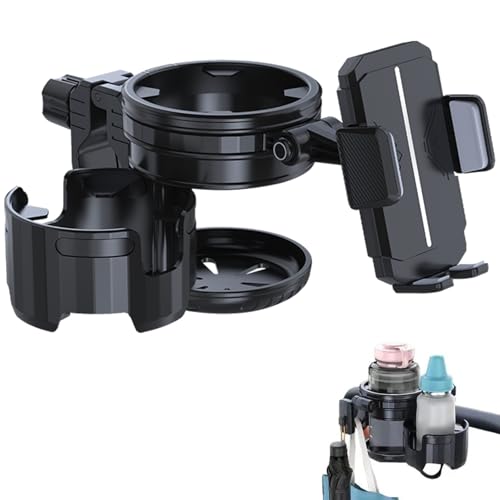 4-in-1 Universal Stroller Cup Holder – Adjustable Single/Double Cup & Phone Holder, 360° Rotatable, Anti-Slip Silicone Grip, Spill-Proof Design for Baby Strollers, bicycles,Wheelchairs, Shopping Carts