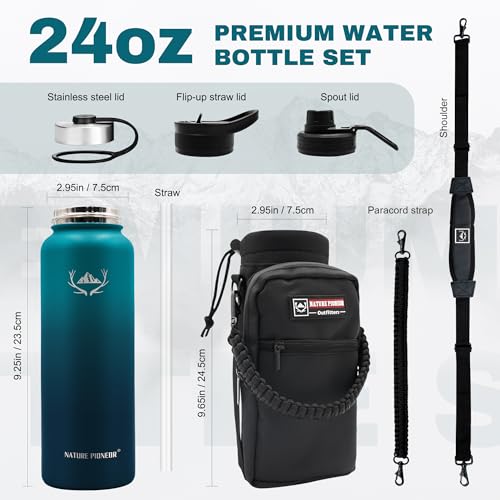 NATURE PIONEOR 24 oz Insulated Water Bottle with Carrier Bag & 3 Lids - color: Malachite Blue, size: 24 Ounces