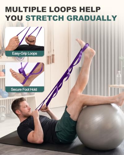 Trideer Non-Elastic Stretching Strap with Loops for Physical Therapy & Rehab, Knee Hip Leg ROM Post-Surgery, Yoga Strap for Stretching, Leg Lifter Strap Mobility Aid, Hamstring Calf Back - color: Purple/75"x1"