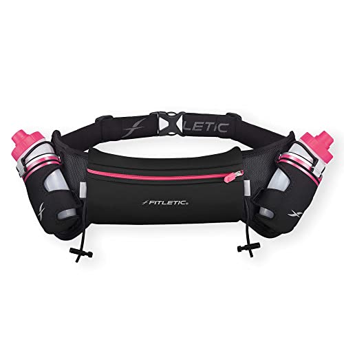 Fitletic Hydration Running Belt with Water Bottles for Men & Women – 2 Quick Flow 8oz Running Water Bottles, Patented Bounce Free Design, Water Resistant Pouch Fits All Phones – Hydra 16 - size: L/XL (35"-42"), style: Black & Pink