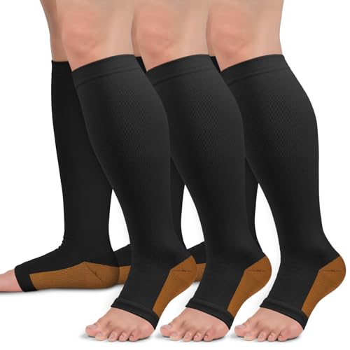 Sooverki Copper Compression Socks for Women & Men Open Toe 15-20mmHg is Best Support for Circulation Recovery All Day Wear - color: 01 Black, size: Small-Medium