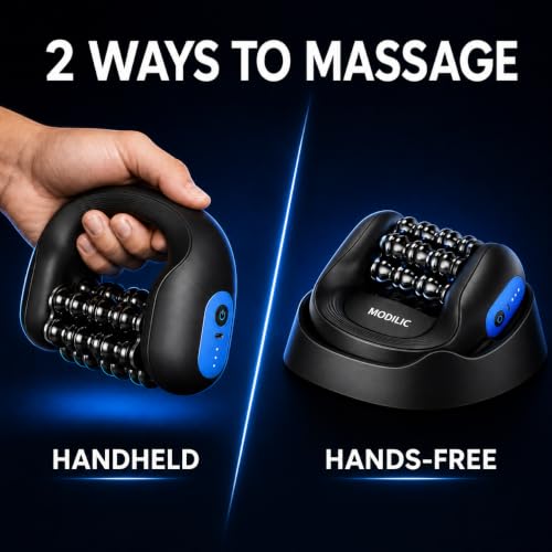 2-in-1 Electric Handheld Massager, Deep Tissue Roller Massager with Hands-Free Massage Base, Rechargeable Muscle Recovery Tool for Feet, Calves, Arms, Neck and Back Relief
