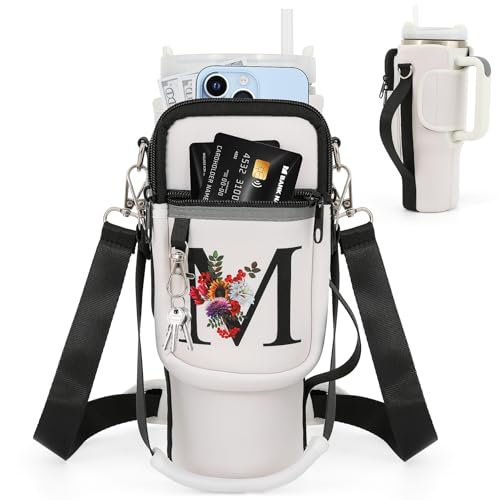 40 oz Initial Stanley Cup Holder with Adjustable Shoulder & Handheld Strap and Phone Pocket, Insulated Neoprene - color: White, style: M