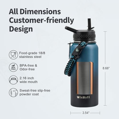 WixByti 32 oz Insulated Water Bottle with Straw, Stainless Steel Water Jug - color: Blue/Black Gradient, size: 32 Ounces