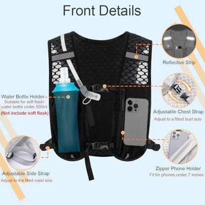 Running Vest Hydration Backpack for Men Women, Lightweight Breathable Hydration Packs, Adjustable Chest Straps Daypack, Reflective Water Running Vest for Marathon, Trail, Hiking, Cycling - color: Black