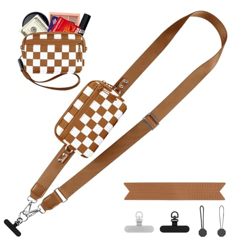 YFWE Clip and Go Strap for Phone with Wallet Crossbody, Adjustable Phone Lanyard with Detachable RFID Wristlet Wallet, Phone Strap with Phone Tabs for All Phones, Bronze Checkered (M) - color: Bronze Checkered, size: Medium