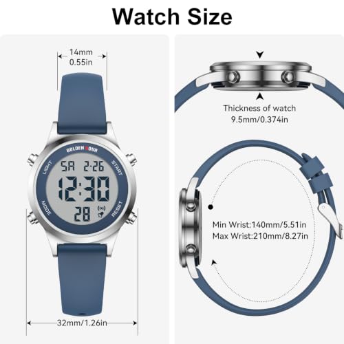 GOLDEN HOUR Waterproof Women's Digital Sports Watches with Silicone Strap, Alarm Calendar Stopwatch Chronograph 32mm Rose Gold Case - color: Blue/Silver