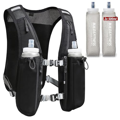 Running Hydration Vest for Women and Men. Reflective, 8 Pocket, Quick Dry, Water-Resistant, Breathable, Adjustable Backpack for Runs, Hiking, Cycling, Trails, Marathons - style: Black Vest + 2x 500ml Soft Flasks