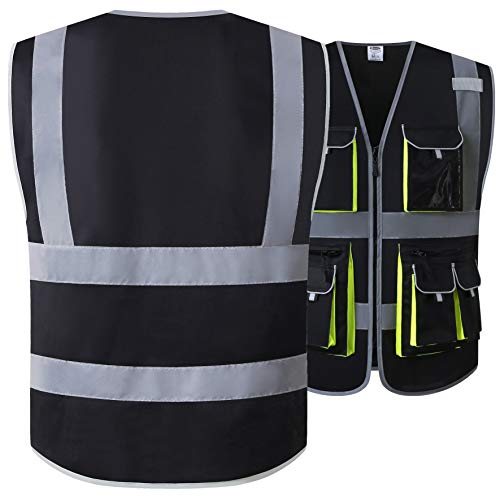 JKSafety Hi Vis Safety Vest for Men Women WIth 10 Pockets JK88 Black L - color: Black, size: Large