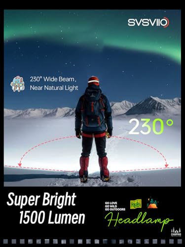 svsviio K0206 1500 Lumens Rechargeable LED Headlamp,Super Bright 230° Wide Beam Head lamp,3 Modes,Lightweight,IPX5,Head Lights for Forehead,Hard Hat Flashlight for Adults Camping Essentials Gear - size: 1 Pack