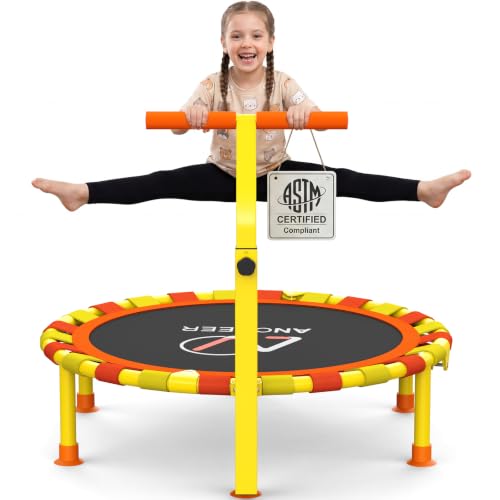 ANCHEER 38" Toddler Trampoline for Kids, ASTM Certified Foldable Mini Trampoline with Adjustable Foam Handle, Indoor & Outdoor Kids Trampoline, Quiet Design, 200 LBS Capacity, Easy Assembly - color: Lemon Yellow