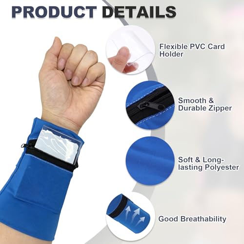 Wrist Pouch, Wrist Wallet Wristband with PVC Card Pouch Zipper Wristband Sports Sweatbands for Men and Women - color: Dark Blue