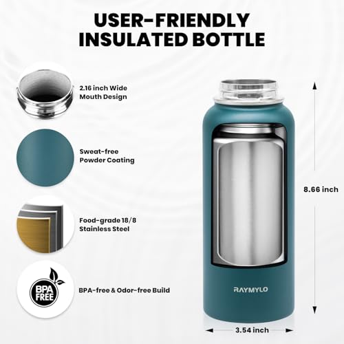 RAYMYLO Insulated Water Bottle 32 oz, Triple Wall Vacuum Stainless Steel - color: Dark Green, size: 32 Ounces