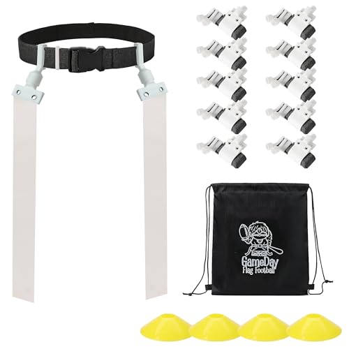 Gameday Flag Football Set – Kits for 2–14 Players w/Belts, Agility Cones & Carry Bag – Available in Multi Colors & Sizes - color: White 10 Pcs, style: 10 Pcs
