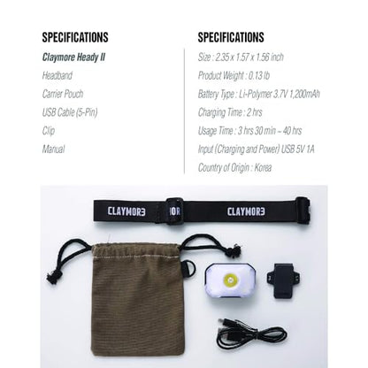 Claymore HEADY2 Black - Ultra-Lightweight LED Headlamp, 350LM Super Bright Headlight with Rechargeable Battery, Compact Waterproof Headband Flahlight for Camping, Hiking, Trail Running - color: Heady2 (Black)