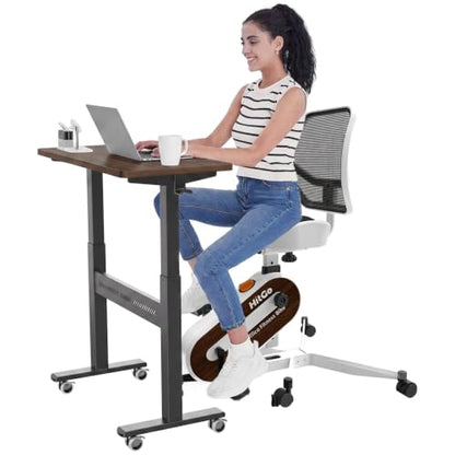 HitGo Ergonomic Office Chair with Exercise Bike, 330LBS Under-Desk Bike with 9-Level Height-Adjustable Seat, 8-Level Resistance, Rolling Wheels, Quiet Fitness for Home Office - color: White+Mahogany Desk