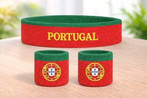 Suddora Country Headband & Wristbands Set (Includes 2 Wrist & 1 Head Sweatband), Highly Moisture Wicking - color: Portugal