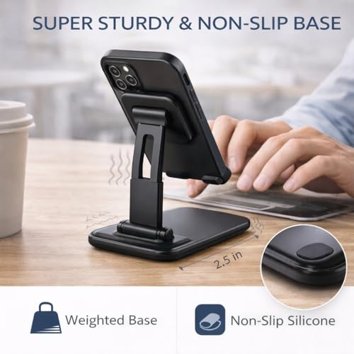 Mizi Portable Cell Phone Stand for Desk - Height & Angle Adjustable Mobile Foldable Holder, Compatible with iPhone 17 16 15 14 13 12 11 Pro Max, Galaxy S25 S24, All 4–10" Devices - Black - size: L311