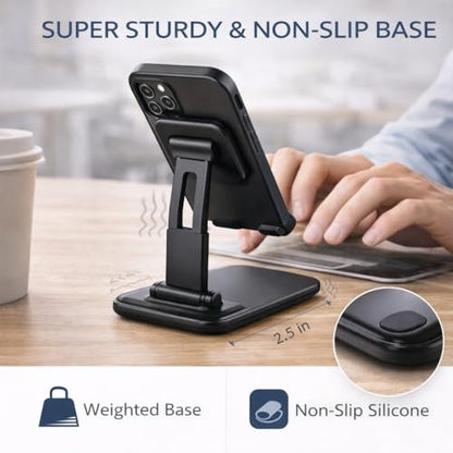 Mizi Portable Cell Phone Stand for Desk - Height & Angle Adjustable Mobile Foldable Holder, Compatible with iPhone 17 16 15 14 13 12 11 Pro Max, Galaxy S25 S24, All 4–10" Devices - Black - size: L311