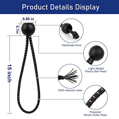 15 Inch Bungee Balls Ties,50 PCS Ball Bungee Cords Heavy Duty Elastic Cord Ball Bungee Canopy Tarp Tie Bungee with Balls for Camping, Shelter,Cargo,Tent Poles UV Resistant - size: 15 Inch