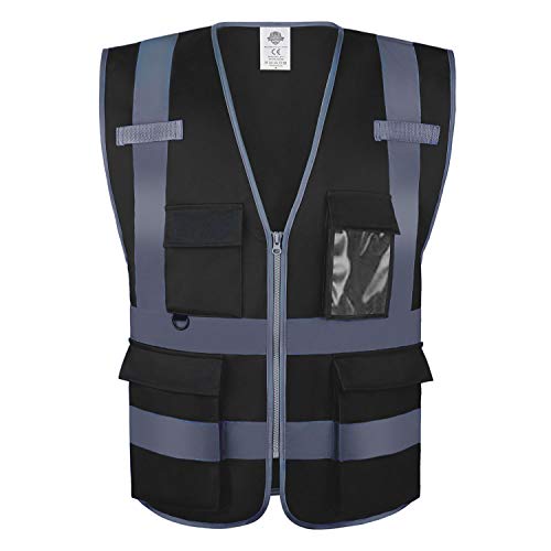 Dazonity High Visibility Safety Vest with Multi Pockets and Zipper, 2XL,Reflective Strips, Fit for Men & Women, Work, Construction,Cycling, Runnning, Surveyor, Volunteer (Black-2XL) - color: Black-2xl